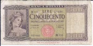 Banca D'Italia Banknotes 500 Lire 1947 Good Circulated Italy - Picture 1 of 2