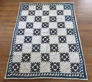 Antique Early1900s Hand Stitched 6-7 spi Indigo Blue Pieced Quilt 71x56 - Picture 1 of 23