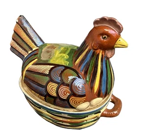 Vintage handbemalte mexikanische Volkskunst Keramik Henne bedeckt Schale Tlaquepaque Oaxac - Bild 1 von 7