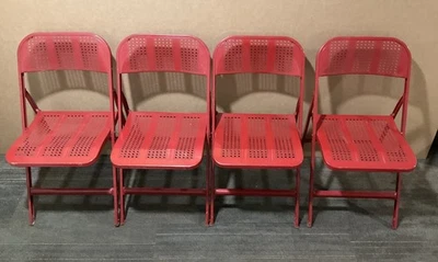 4 FOUR Vintage Lyon Red Metal Lattice Folding Chair Made USA Sturdy Perforated - Image 1 of 4