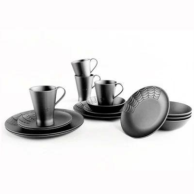 Spiderweb Dinnerware Set (16 Pieces) - Goth Dinnerware Set - Black Matte Porc... - Image 1 of 4