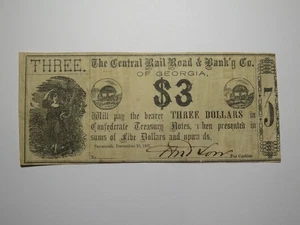 Billete de banco moneda obsoleta de $3 1861 Savannah Georgia Central Rail Road Co. - Imagen 1 de 2