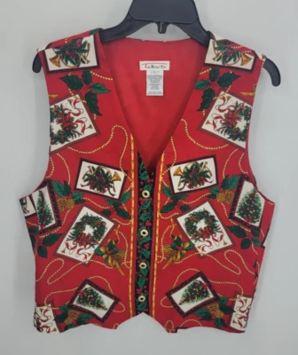 Talbots Vest Womens Large Red Vintage Christmas Wreath Holiday Red Green Artsy - Image 1 of 4