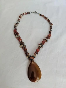 Unbranded  Bead Stone  Necklace Brown Stone Orange Burgundy 80s Pendent  - Picture 1 of 8