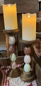 Egg Candle Holder Pair Wooden New Country Egg Candlesticks Pillar Candle Holders - Picture 1 of 3
