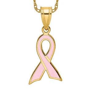 14K Solid Yellow Gold Pink Breast Cancer Awareness Ribbon Necklace - Picture 1 of 12