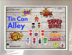 New Super Heroes Tin Can Alley Game With 10 Tin Cans Plus 3 Beanbags ( Age 3 + ) - Picture 1 of 3