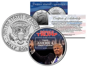 DONALD TRUMP "MAKE AMERICA GREAT AGAIN" 2016 U.S. JFK HALF DOLLAR W/H STAND! - Picture 1 of 3