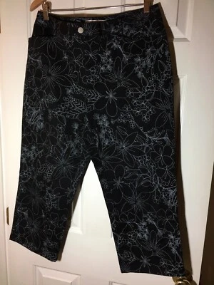 Pantalones capri elásticos 'Evan Picone' negros blancos estampado floral pierna recta - talla 14 Foto 1 de 3
