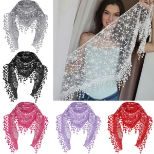 Women Lace Triangle Long Scarf Embroidery Tassel Floral Crochet Shawl Neck Wrap - Picture 1 of 31