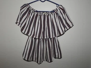 Tramp Bauern Top Medium M Boho Schulterfrei Rüschenärmel Patriotisch Streifen - Bild 1 von 7
