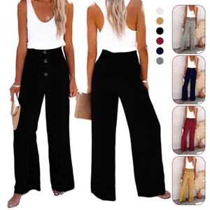 Womens Long Cotton Linen Trousers Ladies Elasticated Waist Loose Wide Leg Pants - Picture 1 of 28