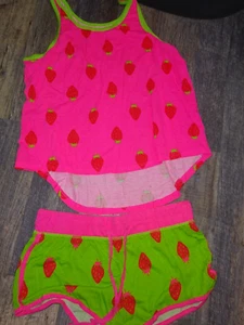 bright pink green strawberry pajama shorts & tank top set juniors XL joe boxer - Picture 1 of 5