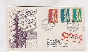 portugal 1956 Sc 813/5 set on reg,FDC  to spain     j317 - Picture 1 of 2