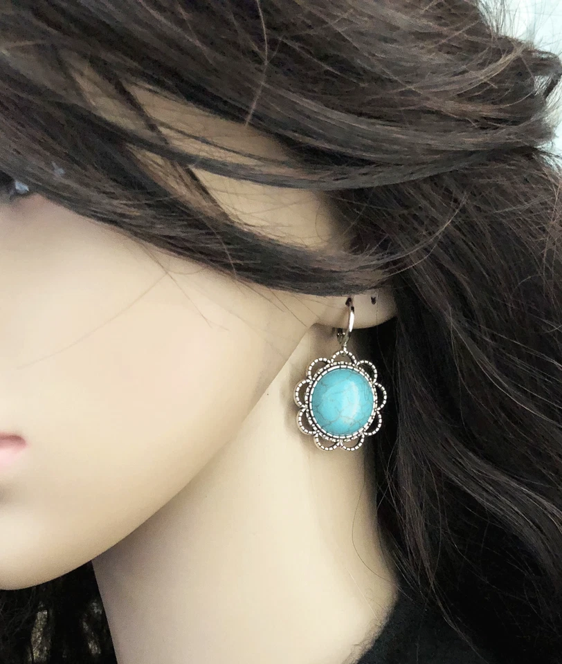 Simple, classic antique silver blue turquoise flower earring, made in USA - Image 1 of 1