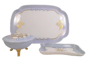 Nippon Dresser Set NSK Japan Blue White Gold Porcelain Tray Powder Jar Pin Dish - Picture 1 of 10