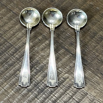 3 cucharas de sal etruscas Gorham de plata de ley fundidas 2 3/4" con monograma S Foto 1 de 4