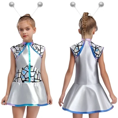 EE. UU. Niñas Disfraz Extraterrestre Línea A Brillante Metálico Vestido Halloween Vestido Elegante Conjunto Foto 1 de 2