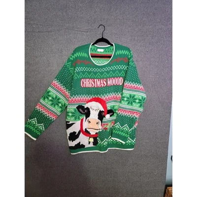 Holiday Time Mens 3XL 54-56 Green Cow Christmas Moood Ugly Sweater - Image 1 of 4