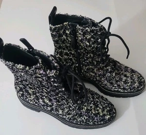 TORY BURCH Miller 50MM Lug Sole Tweed & Leather Combat Boots Bootie Size 6.5 - Picture 1 of 10