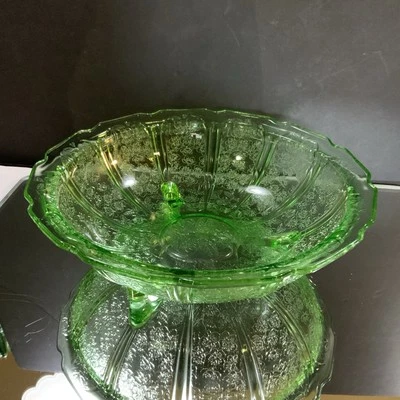 Vintage Bowl Cherry Blossom Green Footed 10 1/2 in Jeannette Glass Glows - Image 1 of 4