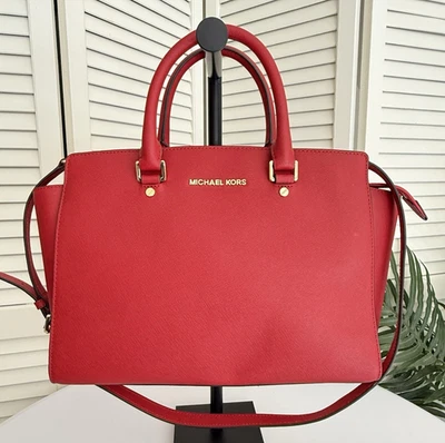 Bolsa satchel Michael Kors grande couro saffiano vermelho pimenta Selma nova com etiquetas - Imagem 1 de 4