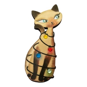 New Laliblue Siamese Cat Xmas Lights Brooch Special Days Collection Wood Resin - Picture 1 of 6