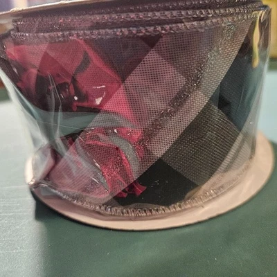 1 Roll RG Ribbon Black, White and Silver Checked  Wired Ribbon - Image 1 of 3