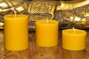 Yellow Beeswax Set of 3 Pillar Candles 100% Natural Organic Pure Honey Bees Wax - Picture 1 of 5