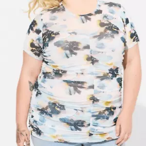 Torrid Plus Size 3X 22-24 Stretch Mesh Crew Neck Ruched Floral Shirt Blouse Top - Picture 1 of 4