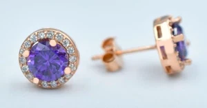 LAB CREATED 2.12 Cts AMETHYST & W/SAPPHIRE STUD EARRINGS .925 Silver (Rose tone) - Picture 1 of 3