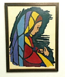 Pannello punto ago Vergine Maria Madonna blocco vetro colorato colori incorniciato  - Foto 1 di 7