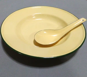Set 8" Yellow dinnerware plates camping round dishes spoon enamelware vintage - Picture 1 of 11