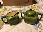 Vintage Holland Mold Art Pottery Green Creame Pitcher & Covered Sugar Bowl #0300