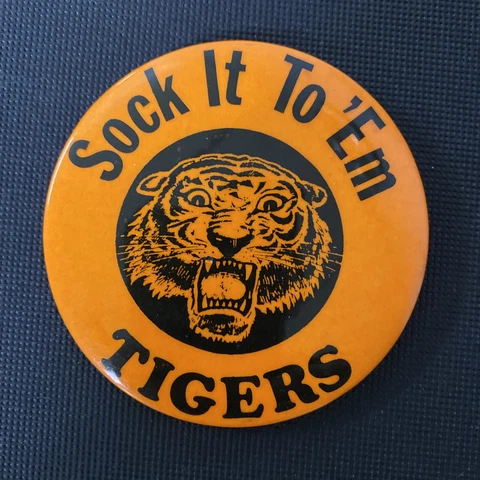 Vintage 1968 Sock It To ‘Em Tigers pin Detroit Tigers Cover