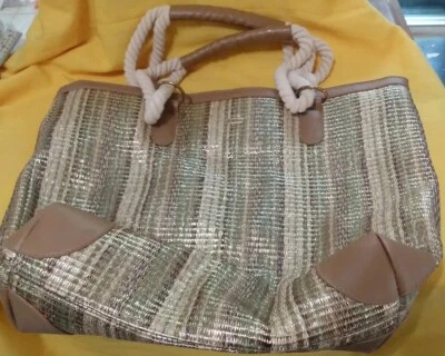 Sun N' песок солома золото металлический сумка с короткими ручками веревки ручки застежки зеленый желтовато-коричневый VGC - Изображение 1 из 4