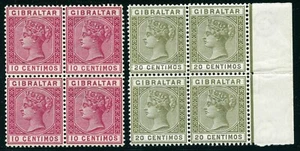 Gibraltar 1889 QV Blocks Mint Never Hinged Lightly Hinged LH OG High $$ - Picture 1 of 2