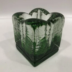 Green Art Glass Cube Weighted Candle Holders/Vase/paperweight 3” x 2 1/4” - Picture 1 of 6