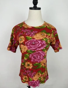 Camiseta Floral Vintage Años 90 S Roja Fucsia Rosa Acanalada Lentejuelas Cuentas Colorida - Imagen 1 de 10