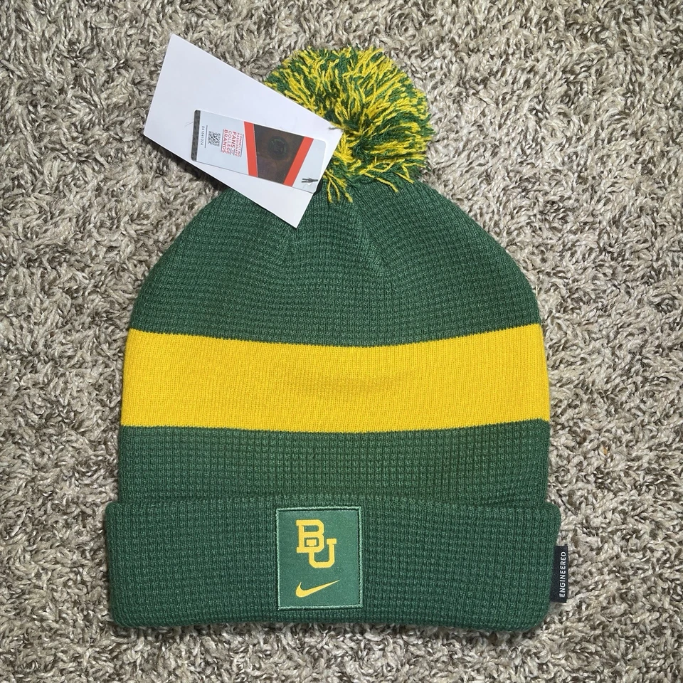 Nike Baylor Bears Pom Beanie Green Yellow Football Sideline Cuffed NCAA