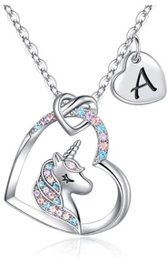 Initial “A” Unicorn Necklace Gifts for Girls - Colorful CZ Heart Pendant Silver - Picture 1 of 9