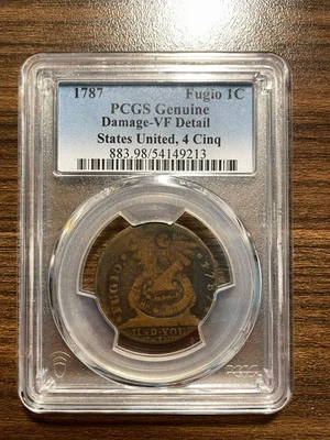 Centavo Fugio 1787 1C Estados Unidos, Cuatro 4 Cinq PCGS Daños Genuinos MUY FINOS Det. Foto 1 de 4