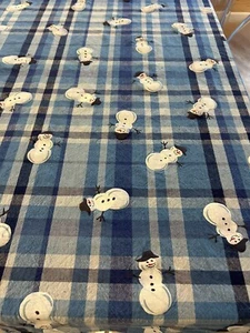 Tablecloth Christmas Snowman Holiday 57” X 93” Blue Plaid Rectangle EUC  - Picture 1 of 9