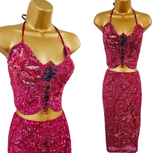 KAREN MILLEN 8-10 UK Vintage Red Sequin Beaded Power Flower Bodycon Skirt & Top - Picture 1 of 18