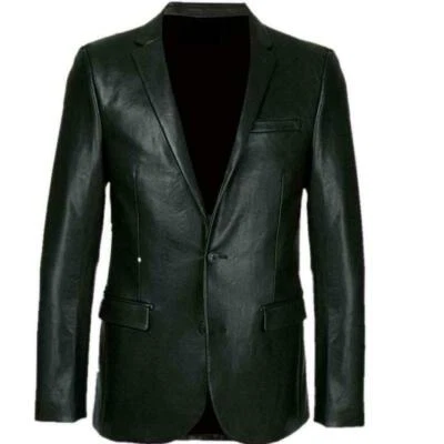Men's Black Leather Blazer Soft Lambskin TWO-BUTTON Genuine Leather Jacket Coat - Image 1 of 4
