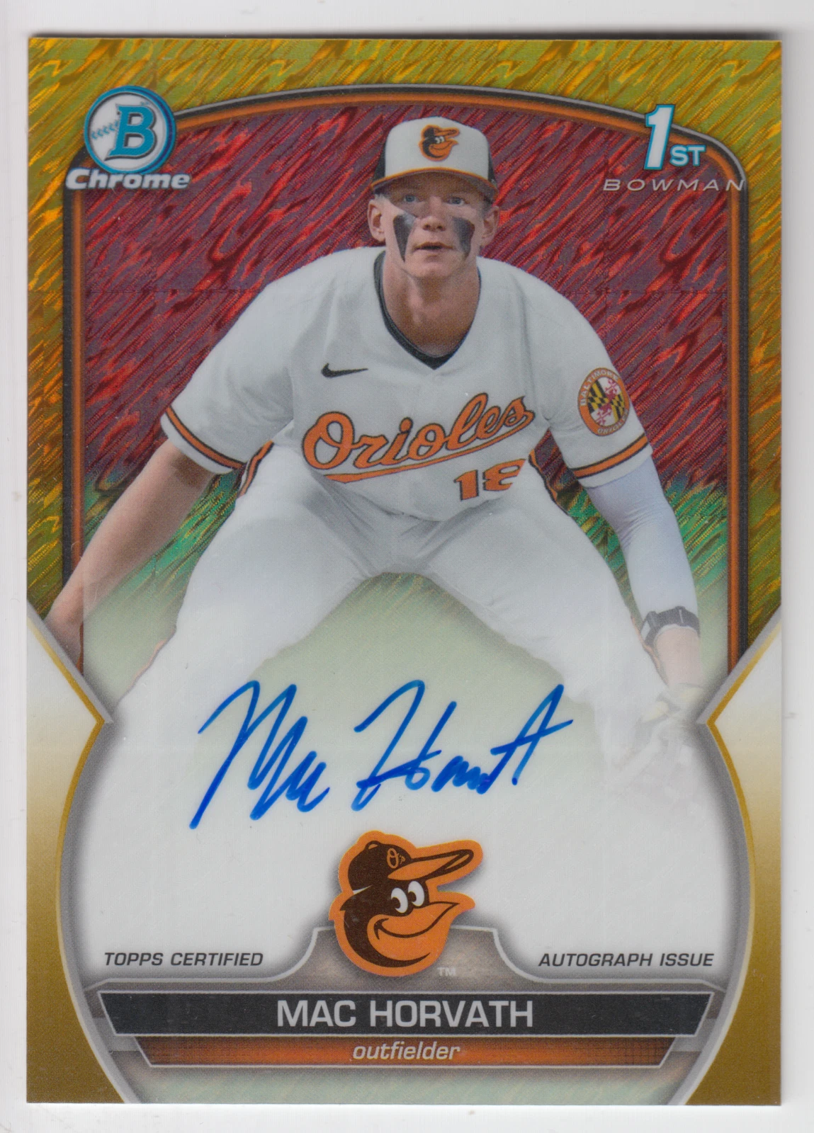 2023 BOWMAN CHROME DRAFT MAC HORVATH 1ST /50 AUTO GOLD SHIMMER AUTOGRAPH ORIOLES