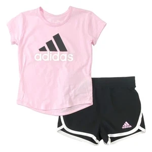 Adidas Girls 2pc Pink Short Sleeve T-Shirt Tee & Black Shorts Set 6X - Picture 1 of 1