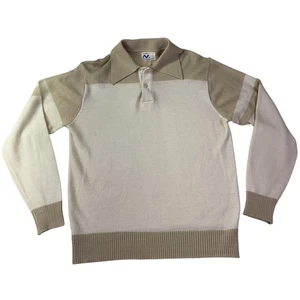 NB Polo Sweater Mens Cream Tan Long Sleeve Knit Acrylic Collared Colorblock - Picture 1 of 6
