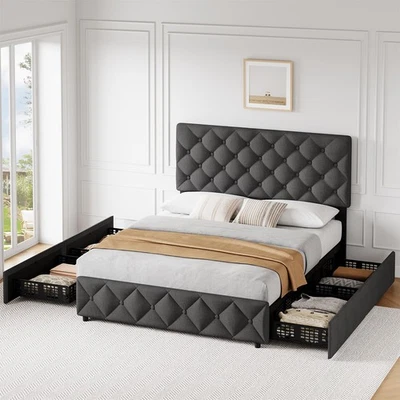 Marco de cama tamaño queen con 4 cajones de almacenamiento y cabecero plataforma tapizada Foto 1 de 4