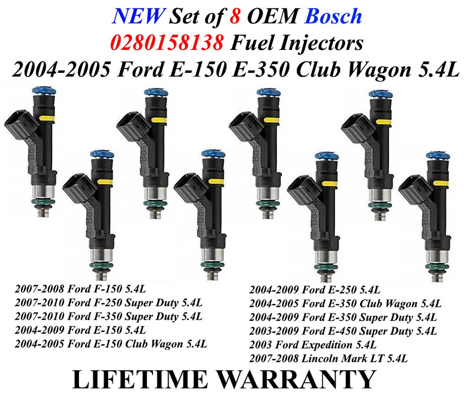 全新原始设备制造商博世 8 件套燃油喷射器 适用于 2004 - 2005 年福特 E-150 E-350 Club Wagon — 第 1/1 张图片